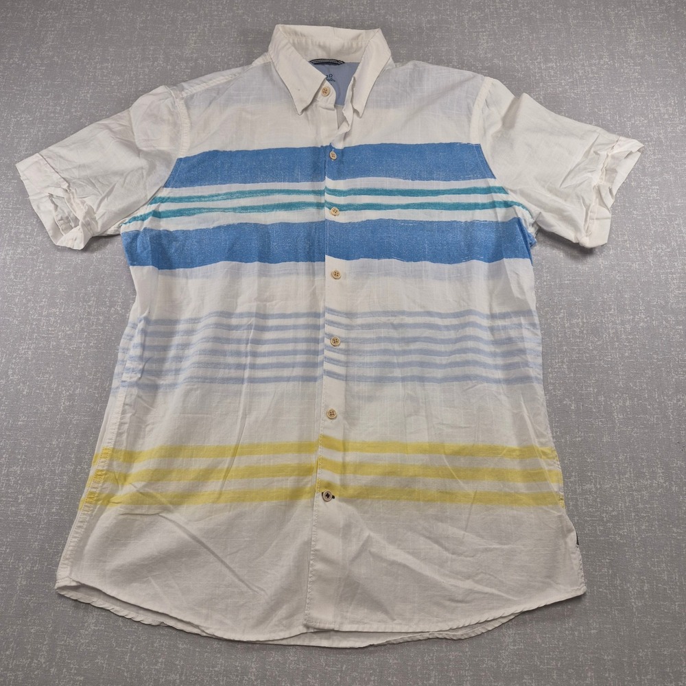 IZOD Saltwater Men Large White Blue Yellow Striped Short Sleeve Button Down